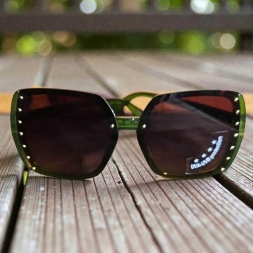 Green Women's Square Sunglasses with Stud Accents